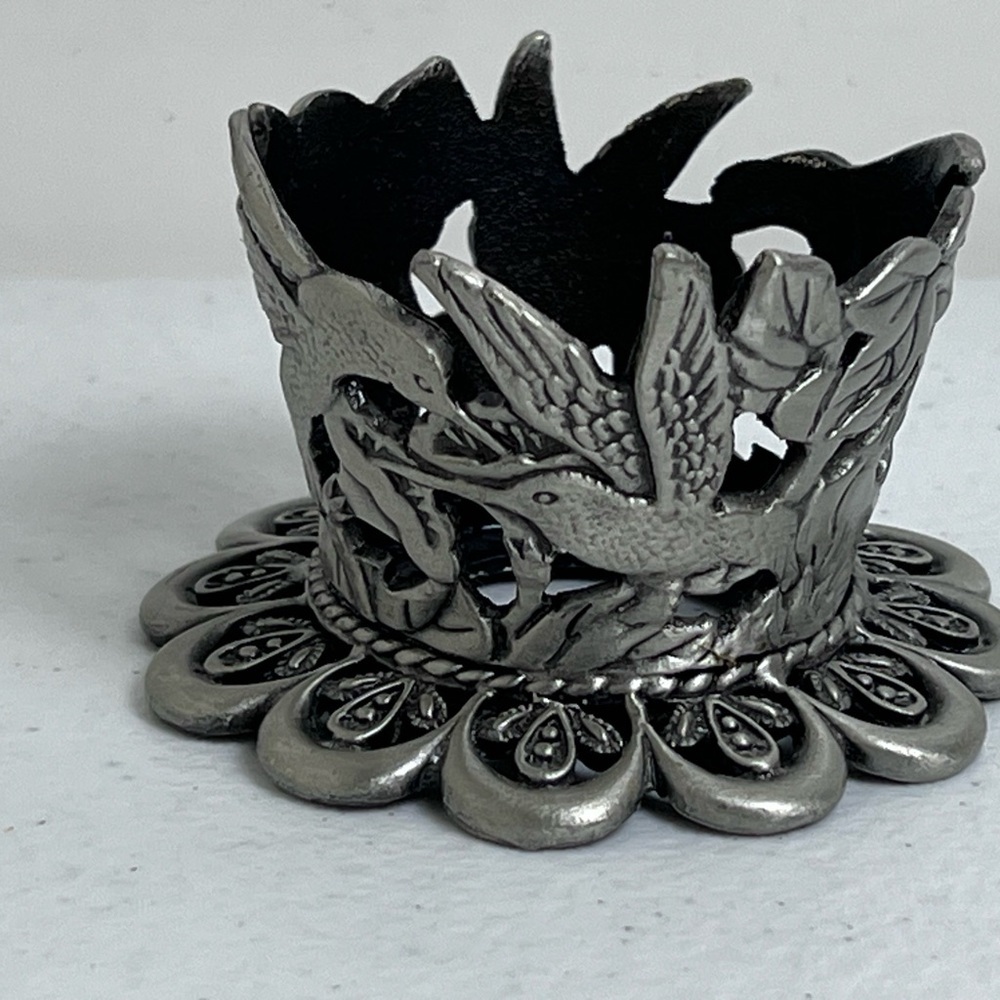 Vintage Silver Tone Pewter Metal Hummingbird And Floral Candle Holder - Picture 3 of 10